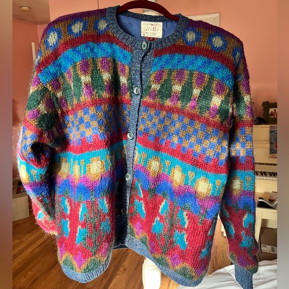 Susan Bristol Hand-Knit 90s Geo-Pattern Cardigan, Size M - Picture 1 of 4